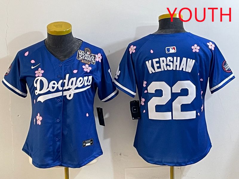 Youth Los Angeles Dodgers #22 Kershaw Blue White Blue Sakura Edition 2025 Nike MLB Jersey style 6->youth mlb jersey->Youth Jersey